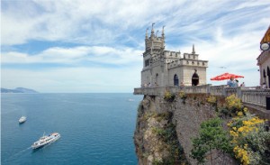 Swallow's Nest is a decorative castle near Yalta on the Crimean peninsula in southern Ukraine. It was built between 1911 and 1912 in Gaspra, on top of the 40-metre-high Aurora Cliff, by Russian architect Leonid Sherwood.