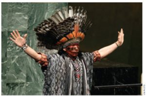 Nilson Tuwe Huni Kuı˜, an indigenous leader from the Western Amazon in Brazil, delivered an invocation at World Interfaith Harmony Week at the United Nations in February. 
