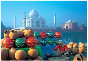 The renowned Taj Mahal in Agra, 200 kilometres southwest of Delhi, sits majestically behind an array of Indian handicrafts. 