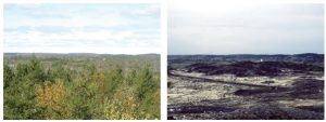 The Sudbury regreening effort is pictured here. The photo on the right shows the Coniston Hydro Road in 1981 and at left is the same road in 2008. (Photo: Nicole Marzok (ICLEI Canada)) 