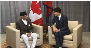 Nepalese Prime Minister K.P. Sharma Oli and Canadian Prime Minister Justin Trudeau chat during a bilateral meeting held in New York in late 2018.  (Photo: Embassy of Nepal)