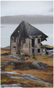 Derelict buildings collapsed from age at the Moravian Mission in Hebron Fjord, Labrador. (Photo: Mike Beedell)