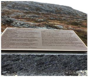 This plaque in Hebron, presented by then-Newfoundland and Labrador premier Danny Williams is one of three. It carries the Inuit message of foregiveness for the suffering from Hebron and Nutak forced relocations. (Photo: Mike Beedell)