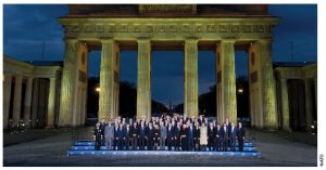 The ministers and heads of delegation in front of the Brandenburg Gate during NATO’s April meeting in Berlin. 