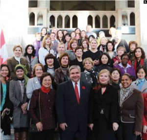 The Canadian Federation of University Women's diplomatic hospitality group took a tour of Parliament in November, compliments of Government House Leader Peter Van Loan. Participants are shown here. Standing to the right of Mr. Van Loan (front, centre) is organizer Ulle Baum. (Photo: Darlene Stone)