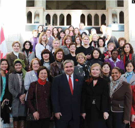 The Canadian Federation of University Women’s diplomatic hospitality group took a tour of Parliament in November, compliments of Government House Leader Peter Van Loan. Participants are shown here. Standing to the right of Mr. Van Loan (front, centre) is organizer Ulle Baum. (Photo: Darlene Stone)