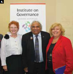 Australian indigenous leader Tom Calma spoke at the Institute on Governance (IOG) in November about a campaign dedicated to improving the health and well-being of Australia's indigenous citizens. From left, IOG president Maryantonett Flumian, Mr. Calma, Marion Lefebvre, vice-president for aboriginal governance. (Photo: Bruce MacRae)