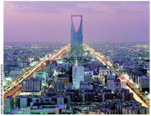 This view of the city of Riyadh, Saudi Arabia’s capital, shows the Kingdom Centre, also known as Al Mamlika Tower, which is the tallest skyscraper in the country. 