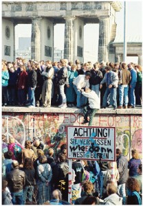 Germans crowd on top of the Berlin Wall, near the Brandenburg Gate in November 1989, the month the wall came down. 