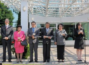 On the 44th anniversary of the Association of Southeast Asian Nations (ASEAN), a flag-raising ceremony took place at the Embassy of Indonesia. From left, Greg Giokas, DFAIT; Filipino Chargé d'affaires Minerva Jean A. Falcon; Myanmar Ambassador Kyaw Tin; Thai Ambassador Udomphol Ninnad; Brunei Darussalam High Commissioner Rakiah Haji Abdul Lamit and Indonesian Ambassador Dienne H. Moehario. (Photo: Embassy of Indonesia) 