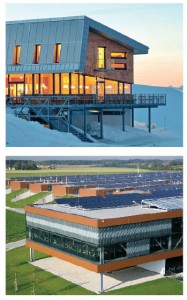 Austria leads the world in the number of energy-efficient buildings, such as this alpine passive house (above). Below, Fronius’ Sattledt headquarters; the solar panel roof supplies 90 percent of the facility’s energy needs. 