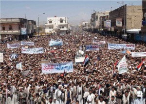 This protest in Saada, Yemen, was organized by the Houthis, a group of Shias who have fought government discrimination.