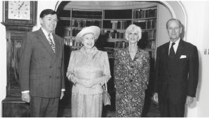 Roy MacLaren, left, with Queen Elizabeth, his wife Lee, and Prince Philip at the Canadian high commissioner’s residence in London. This photo was taken before a luncheon at which the MacLarens’ dog, Fergus, paid the queen “special attentions.” 