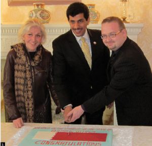 To mark the official opening of the embassy of Qatar in Ottawa, Algerian Ambassador Smail Benamara hosted a reception to welcome Qatari Ambassador Salem Mubarak Al-Shafi, centre, with chief of protocol Margaret Huber, left, and city councillor Stephane Blais, right. (Photo: Algerian embassy)