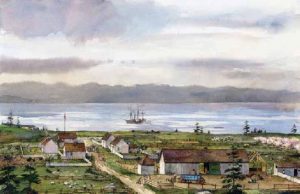 Bellevue Sheep Farm’s “Home Prairie” establishment on San Juan Island was a gathering place for British and Americans alike in the 1850s. An artist’s depiction shows a San Juan Island camp in its heyday in September 1859, at the height of the Pig War crisis.