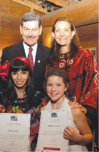 To mark Mexico's national day, Ambassador Francisco J. Barrio and his wife, Hortensia, hosted a reception at the Canadian Museum of Civilization. The Barrios are shown with 12-year-old Yamin Naemi, who sang the Mexican national anthem, and Madison Pimentel, 11, who sang O Canada. (Photo: Jennifer Campbell)