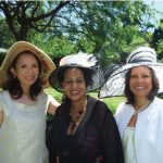 Joyce Kallaghe, wife of Tanzanian High Commissioner Peter Kallaghe, held a reception to bid farewell July 3 at her residence. She asked guests to wear hats. Pictured are, from left, Keiko Nishida, wife of former Japanese Ambassador Tsuneo Nishida; Ms. Kallaghe; and Vera Lucia de Andrade Pinto, wife of Brazilian Ambassador Paulo Cordeiro de Andrade Pinto. (Photo: Ulle Baum).