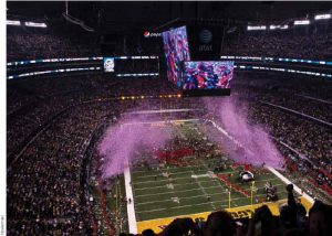 Confetti is blasted out of cannons and onto the football field at the end of the 2011 Super Bowl XLV at Cowboys Stadium in Dallas, Texas, where the Green Bay Packers defeated the Pittsburgh Steelers. 