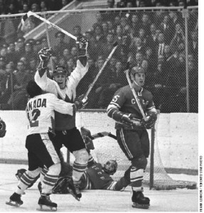 Team Canada's Paul Henderson, embraced by teammate Yvan Cournoyer, celebrates his series-winning goal in Game 8 of the Canada-Soviet hockey series on Sept. 28, 1972. 