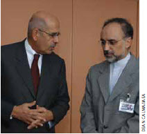 Ali Akbar Salehi, Iran’s permanent representative to the IAEA, and Mohamed ElBaradei (left), then IAEA director general, speak to the press in Vienna in 2003. Mr. Salehi is currently foreign minister of Iran.