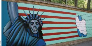 Graffiti at the former U.S. embassy in Tehran where 52 Americans were taken hostage for 444 days during the Iran hostage crisis, from November 4, 1979 to January 20, 1981. The Iranians released the hostages on Jan. 20, 1981, the day Ronald Reagan took office. 