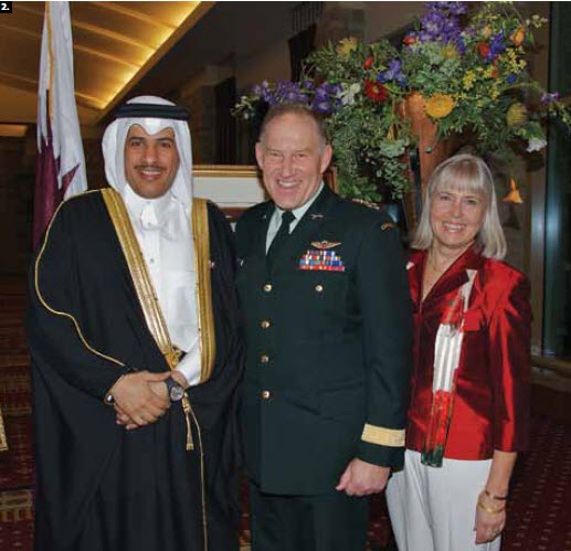 2. To mark the national day of the State of Qatar, Ambassador Salem Mubarak Al-Shafi hosted a reception at the Hilton Lac-Leamy Hotel. From left, Al-Shafi, Chief of Defence Staff Walter Natynczyk and his wife, Leslie. 