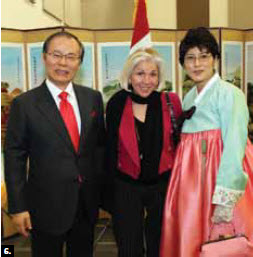 6. To mark the launch of next year's festivities surrounding the 50th anniversary of diplomatic relations between Canada and South Korea, Ambassador Joo-Hong Nam, left, and his wife, Mi-Sook Um, right, hosted a dinner and cultural event attended by chief of protocol,  Margaret Huber, centre. (Photo: Korean embassy)