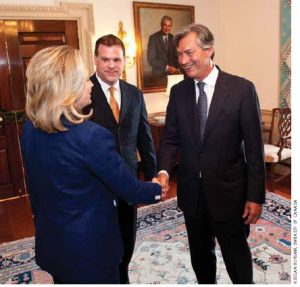 Gary Doer, Canada’s ambassador to the U.S., meets U.S. Secretary of State Hillary Clinton and Canadian Foreign Minister John Baird outside Mrs. Clinton's office in Washington. 