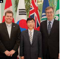 Mayor Jim Watson and Deputy Mayor Steve Desroches met with a South Korean trade delegation. From left, Steve Desroches, deputy mayor; Jung Min Kim, deputy minister, office for development and settlement of Sejong-City, and Mayor Jim Watson. (Photo: Roger Lalonde)  