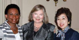 The Canadian Federation of University Women's diplomatic hospitality group held a fashion show at Fairmont Chateau Laurier, featuring the work of designer Elena Hinke. From left, Francilia Greaves, wife of Barbados High Commissioner Evelyn Greaves, organizer Ulle Baum and Masako Ishikawa, wife of Japanese Ambassador Kaoru Ishikawa. The event marked the Chateau’s 100th birthday and attracted guests from 35 countries. 