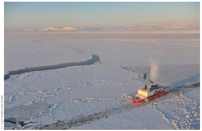 The U.S. Coast Guard cutter Healy breaks ice in Nome Harbour, Alaska.