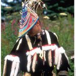 A modern Alaskan Alutiiq dancer in traditional festival garb.