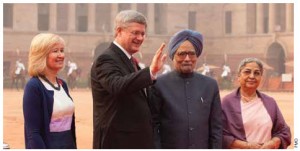 From left, Prime Minister Stephen Harper and his wife, Laureen, are greeted by Indian Prime Minister Manmohan Singh and his wife, Gursharan Kaur, at Rashtrapati Bhavan in New Delhi, India. 