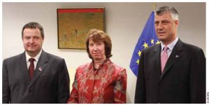 Catherine Ashton, the EU’s high representative for foreign affairs, facilitated talks between Serbian Prime Minister Ivaca Dacic, left, and Kosovo Prime Minister Hashim Thaçi. 