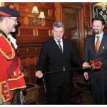 The 78th Fraser Highlanders Pipe & Drum Corps and Honour Guard hosted a reception to welcome Macedonian President Gjorge Ivanov, middle left. Also in attendance, from left, Bruce MacRae, Macedonian Ambassador Ljuben Tevdovski and Grete Hale.