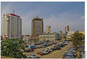 A street in downtown Lagos, the most populous city in Nigeria. The country has oil wealth but still has a very low GDP per capita.