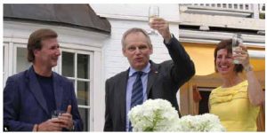 Belgian Ambassador Bruno van der Pluijm hosted a reception at his residence to mark the country's National Day. From left, Denis Robert, Canada’s ambassador to Belgium, Mr. van der Pluijm and his wife, Hildegarde van de Voorde.