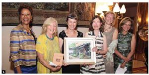 French Ambassador Philippe Zeller and his wife Odile, hosted a dinner at their residence to celebrate the launch of the book Sainte-Cyrille-de-Perpétue, which was written by the six women pictured here. From left: Florence Saint-Léger Liautaud (Haiti), Marianne Feaver (Canada), Ms. Zeller, Hélène Carrier, Madeleine Brinkmann (EU) and Federica Lehner (Switzerland). (Photo: Sam Garcia) 