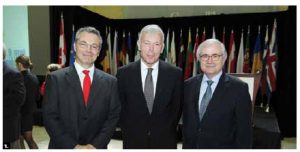 Former EU Ambassador Matthias Brinkmann, centre, and the Canada-Europe Parliamentary Association co-hosted a  reception to celebrate Europe. From left, Colombian Ambassador Nicolas Lloreda Ricaurte  and Spanish Ambassador Carlos Gomez-Mugica Sanz. (Photo: Sam Garcia)