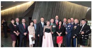 The opening gala of the weekend to honour Korean War veterans took place at the Canadian War Museum. From left, Brigitte D’Auzac de Lamartinie of Historica Canada; Alex Herd, researcher for Historica Canada; James Witham, director-general of the war museum; Lee Yang, Korean Ambassador Cho Hee-yong; Choi Wan-Geun, of the Patriots and Veterans Affairs for Korea; Young-Hae Lee, president of the Canada Korea Society; Doug Finney, president-elect of the National Korean Veterans Association (KVA); former Veterans Affairs minister Steven Blaney; Senator Yonah Martin; Senator Joseph Day; Korean military attaché Col. Soo-Wan Lee; former Canadian trade commissioner Robert C. Lee; Col. David Clark of the U.S. Department of Defense; MP Chungsen Leung and the piper for the evening. (Photo: Sam Garcia)