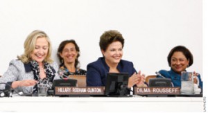 Hillary Rodham Clinton (left), with Brazilian President Dilma Rousseff and Trinidad and Tobago Prime Minister Kamla Persad-Bissessar at a UN event on gender equality. 