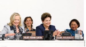 Hillary Rodham Clinton (left), with Brazilian President Dilma Rousseff and Trinidad and Tobago Prime Minister Kamla Persad-Bissessar at a UN event on gender equality.