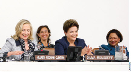 Hillary Rodham Clinton (left), with Brazilian President Dilma Rousseff and Trinidad and Tobago Prime Minister Kamla Persad-Bissessar at a UN event on gender equality.