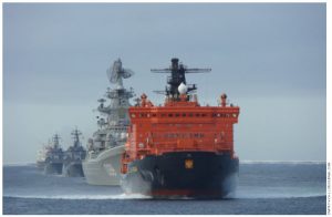 Peter the Great (second in fleet) and other vessels move through the North Sea Way from Russia.