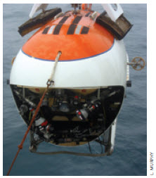 The Mir submersible is hoisted into the water using a cable connected to the ship’s winch system. This front view shows the versatile manipulator arms and the huge viewing port.