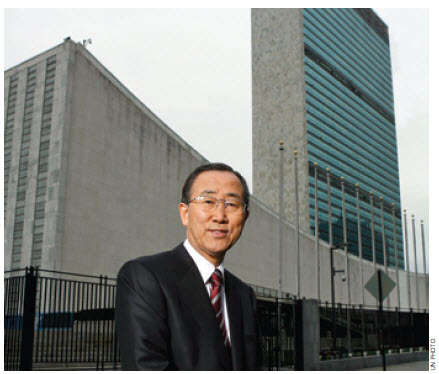UN Secretary-General Ban Ki-Moon stands in front of UN headquarters in New York.