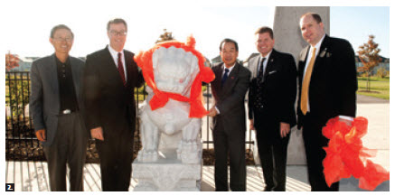 Deputy Mayor Steve Desroches hosted Chinese Ambassador Zhang Junsai and Mayor Jim Watson at a tour of Water Dragon Park in Barrhaven. From left, Jin Xue, co-chair of the Water Dragon Park community cultural committee and president of the Chinese Community Association of Canada; Watson; Zhang; Desroches and Jason Kelly, co-chair of the committee. (Photo: City Hall)