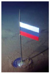 The Russian flag planted in the Arctic seabed. 