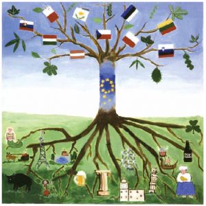 This acrylic painting by a group of students from Nivelles, Belgium, is called The European Tree. It won first prize in a contest designed to help students understand the concept of European citizenship.