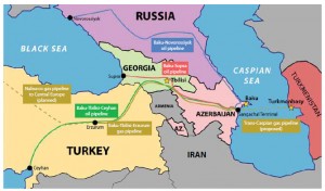 This map shows the existing and planned oil and gas pipelines from Baku, Azerbaijan, including the Baku-Tbilisi-Erzurum pipeline.